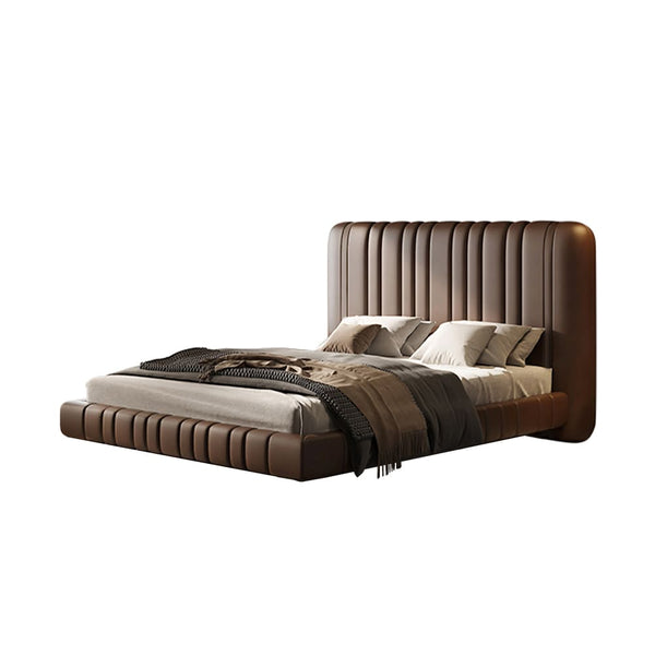 Magee Genuine Leather Bed with Tall Vertical Channel Upholstered Headboard Low-Profile Base