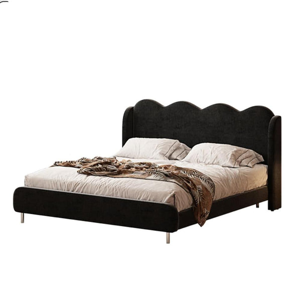 Norma Chenille Upholstered Bed Frame Wavy Headboard Metal Legs Elegant Wave Design Bed