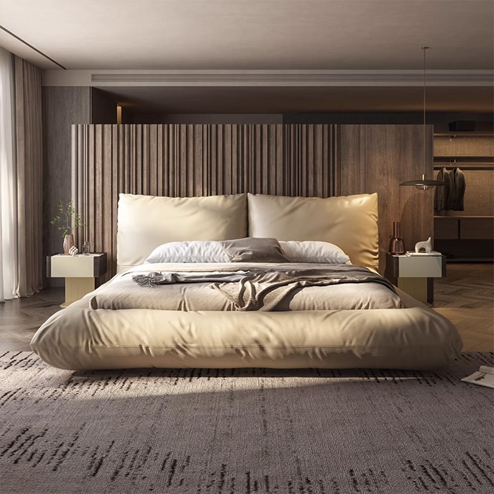 Samuel Genuine Leather Modern Low-Profile Padded Bed Frame with Pillow ...
