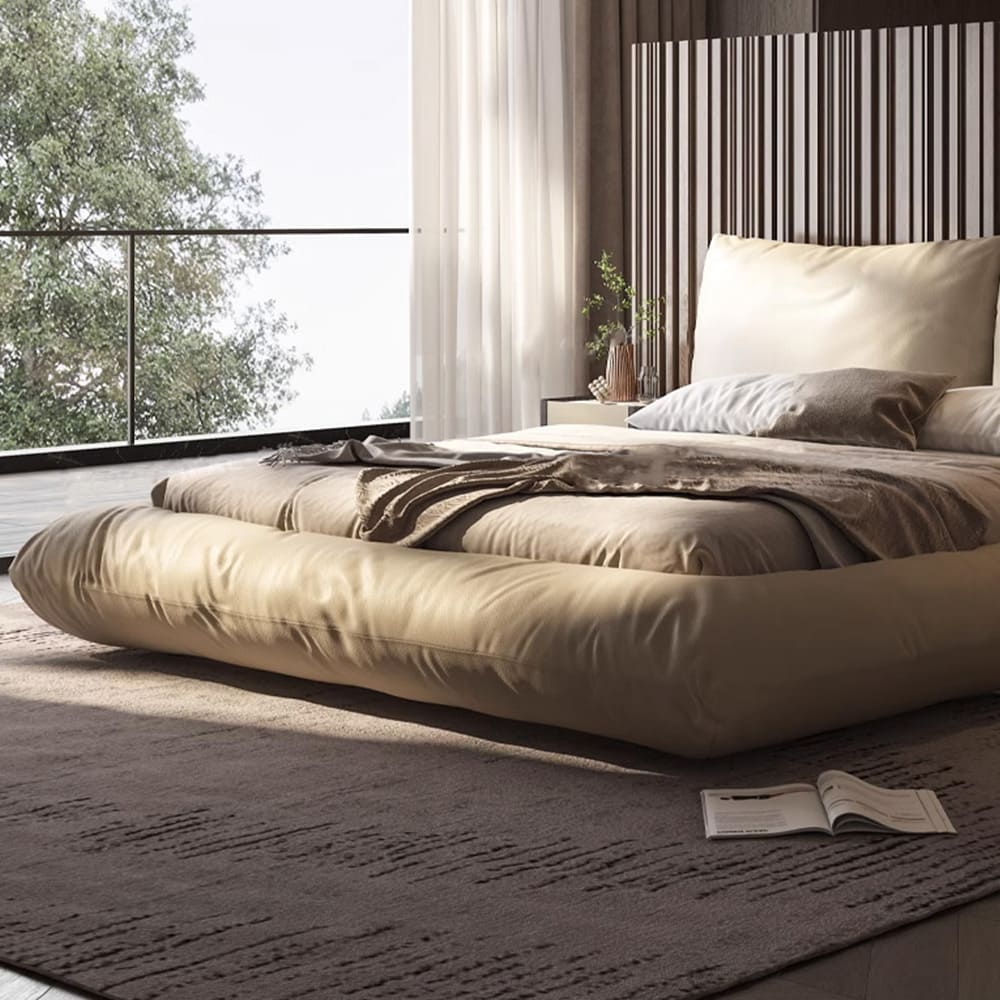 Samuel Genuine Leather Modern Low-Profile Padded Bed Frame with Pillow ...