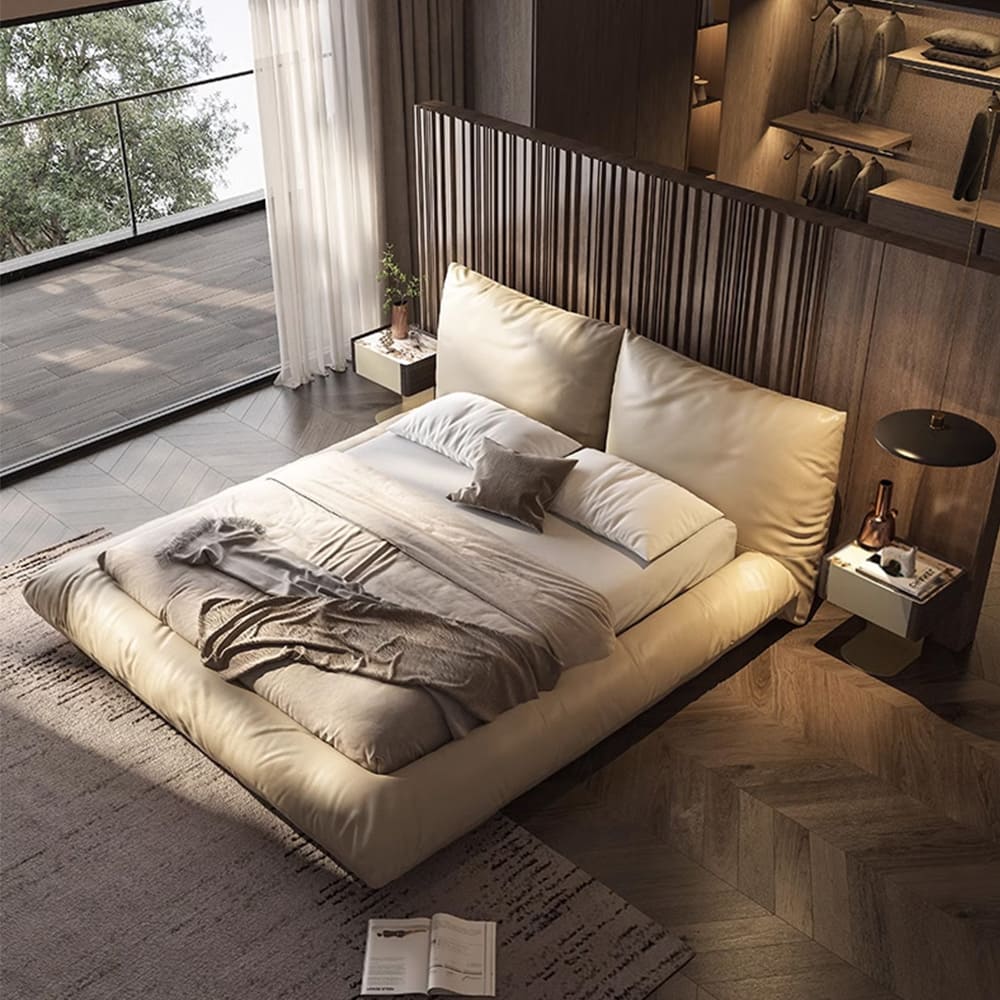 Samuel Genuine Leather Modern Low-Profile Padded Bed Frame with Pillow ...
